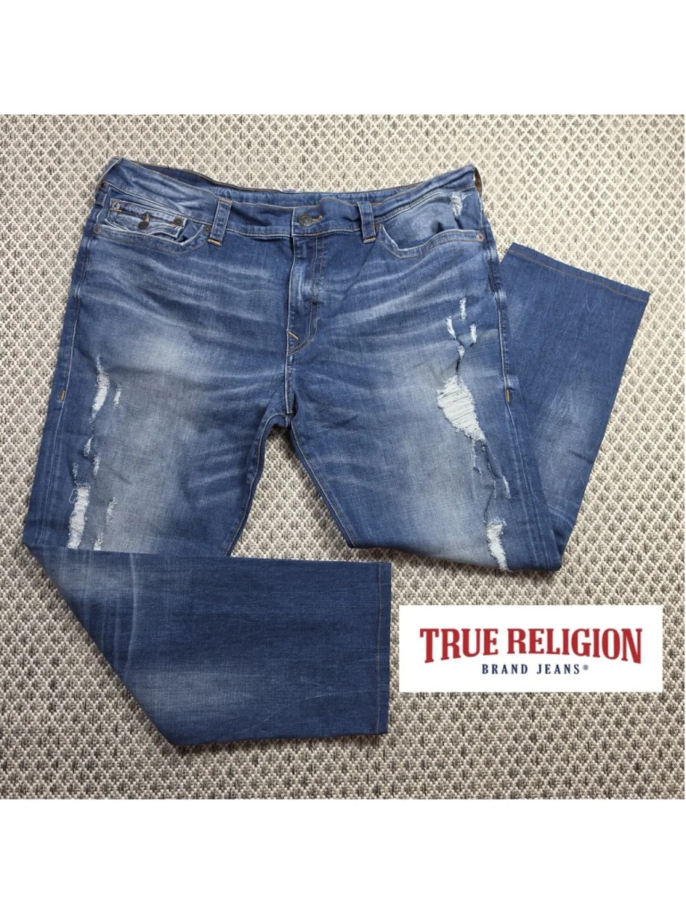 True Religion Geno Jeans Mens 42 Relaxed Slim Distressed Blue Flap Pocket Denim